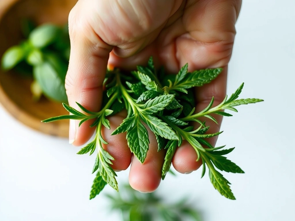 A close-up of a hand gently holding a handful of fresh, vibrant green herbs, with soft natural light.