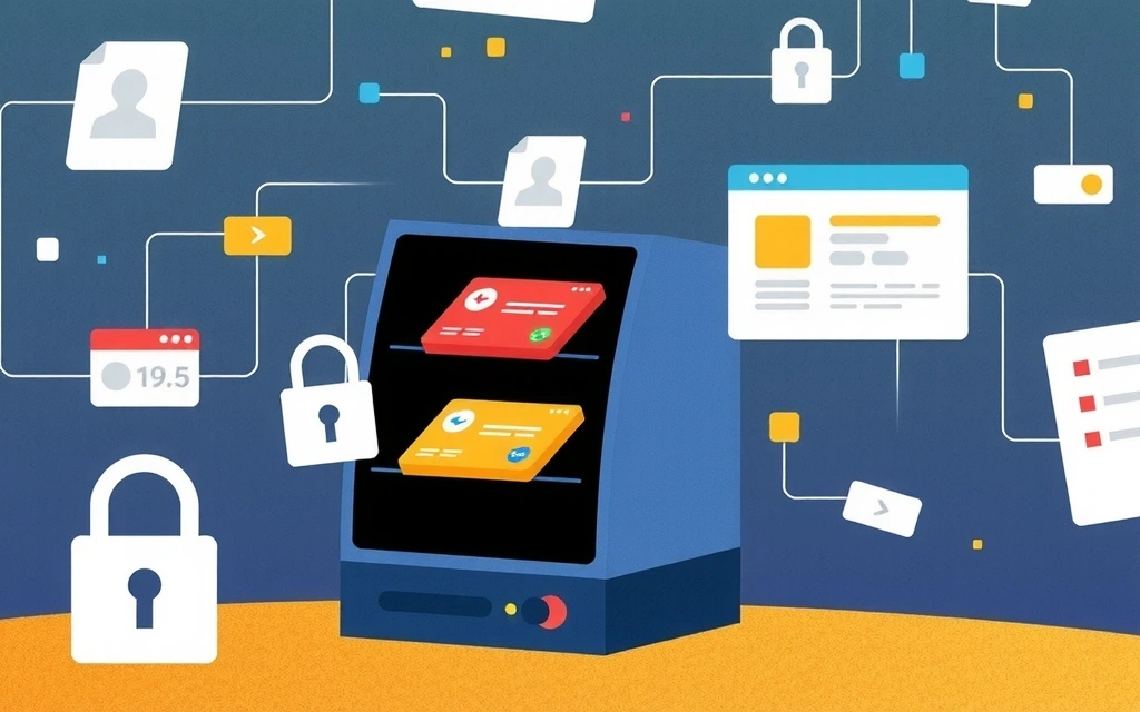 Illustration of various types of data being collected, such as personal details, browsing history, and payment information, flowing into a secure digital vault.