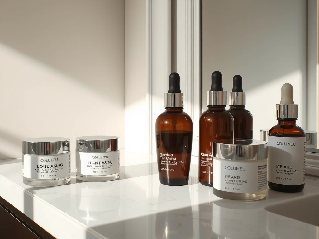 A collection of elegant anti-aging skincare products on a marble counter with soft lighting