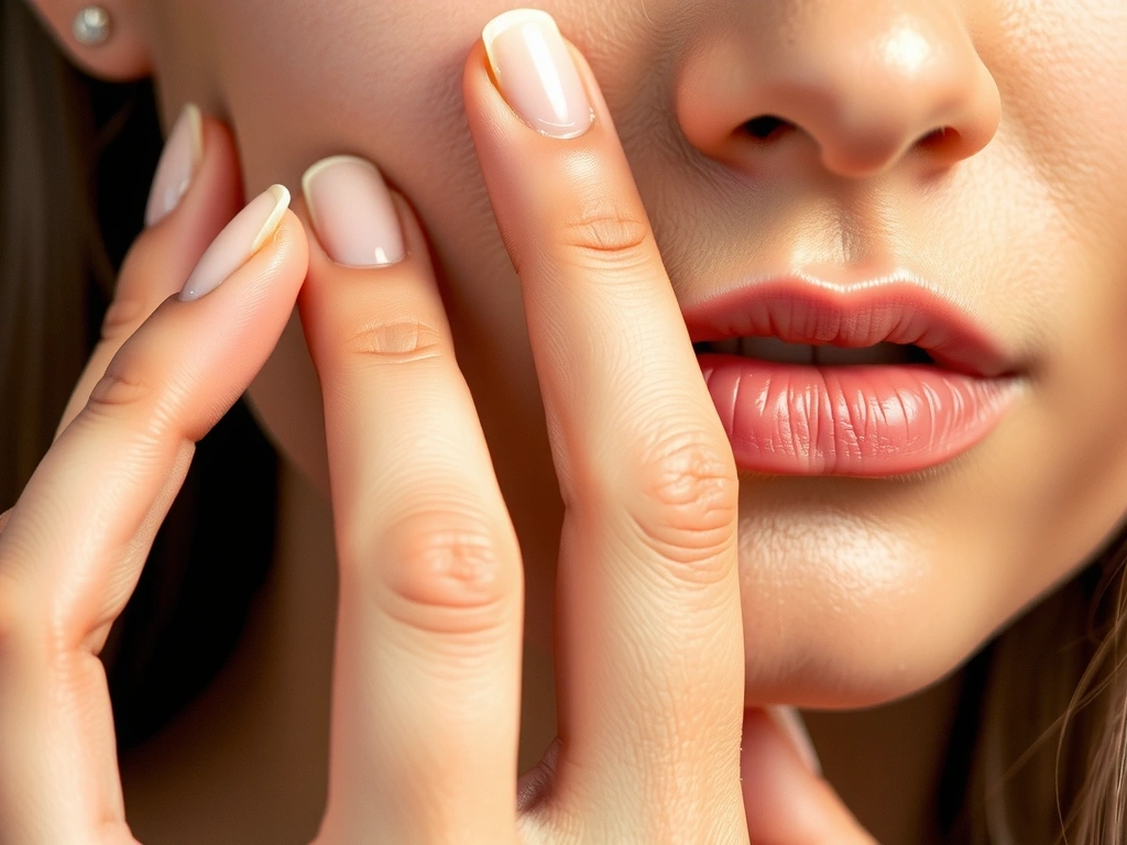 Close-up of a woman's hand gently touching her smooth, hydrated skin