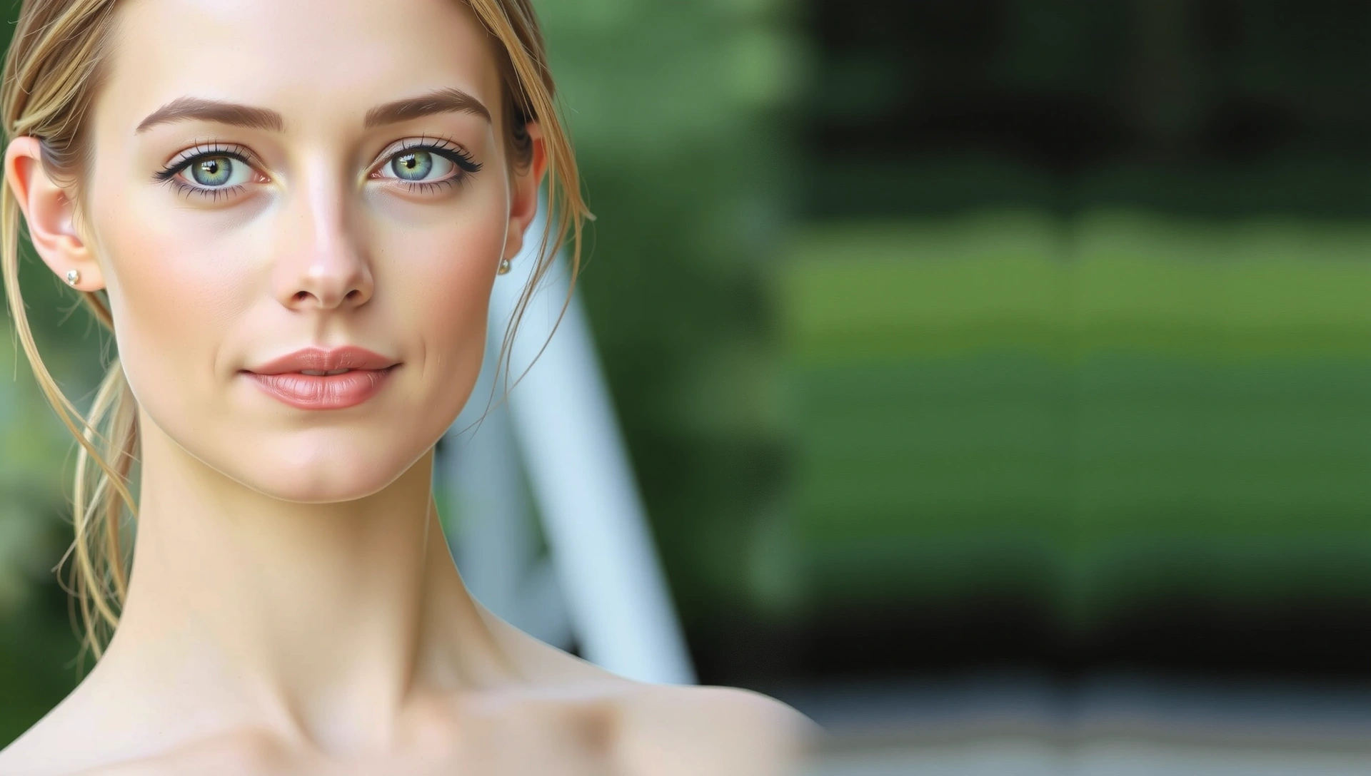 A woman with radiant skin, looking thoughtfully into the distance, representing natural beauty and wellness.