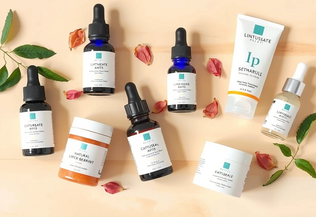 A collection of natural anti-aging products laid out aesthetically on a wooden surface.